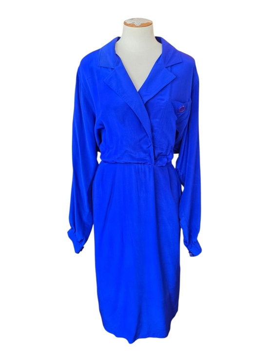 Leslie Fay Dresses & Skirts - Vintage 1980s Leslie Fay 100% Silk Cobalt Blue Shirt Dress Long Sleeve Womens Si